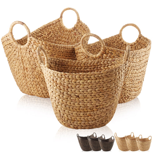 Set of 3 Water Hyacinth Boat Shaped Storage Baskets with Handles